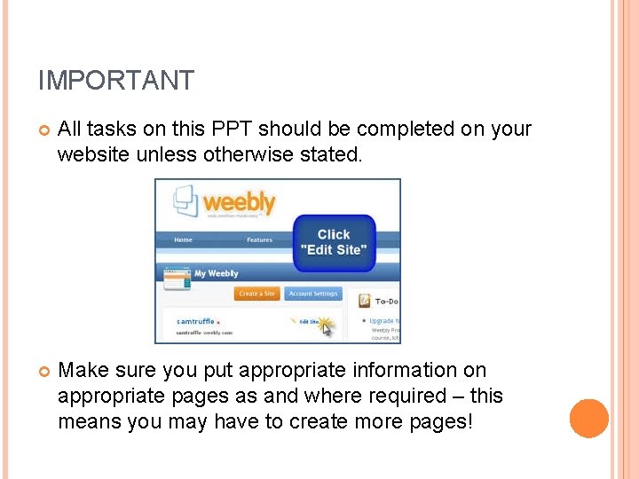 IMPORTANT All tasks on this PPT should be completed on your website unless otherwise