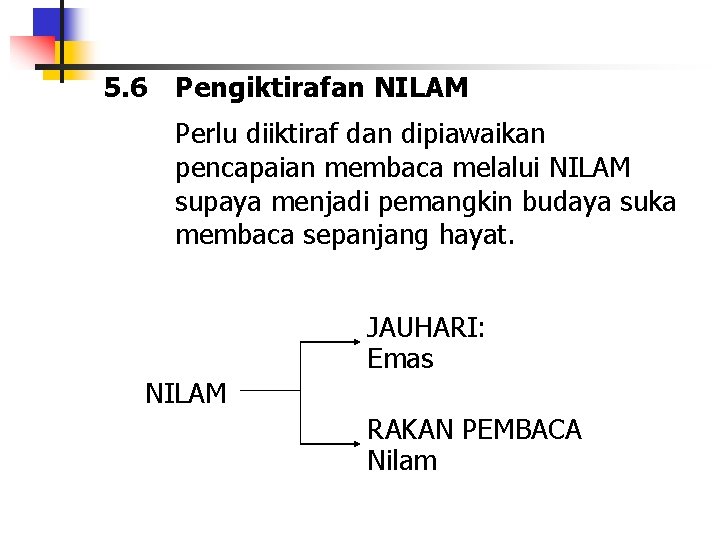 5. 6 Pengiktirafan NILAM Perlu diiktiraf dan dipiawaikan pencapaian membaca melalui NILAM supaya menjadi