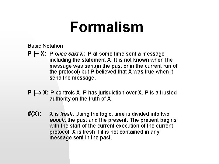 Formalism Basic Notation P |~ X: P once said X: P at some time