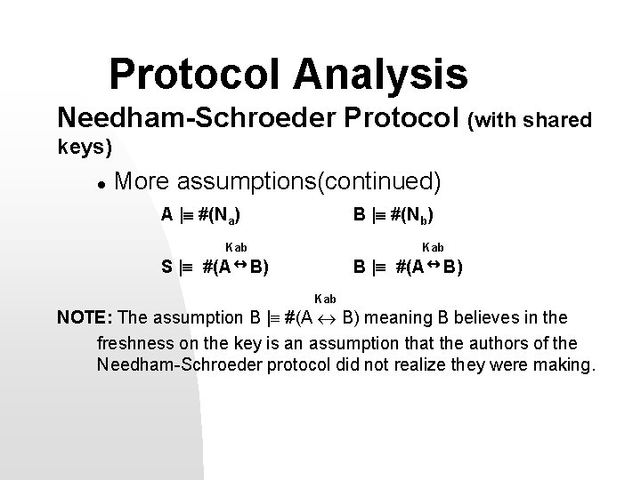 Protocol Analysis Needham-Schroeder Protocol (with shared keys) l More assumptions(continued) A | #(Na) S