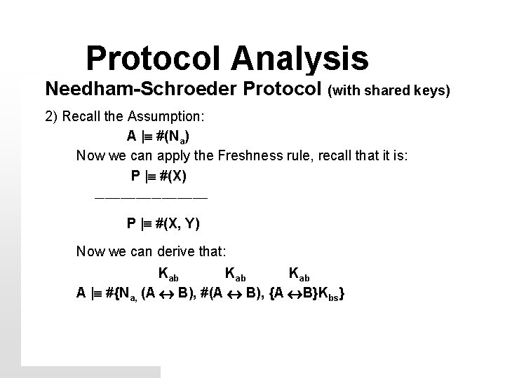 Protocol Analysis Needham-Schroeder Protocol (with shared keys) 2) Recall the Assumption: A | #(Na)