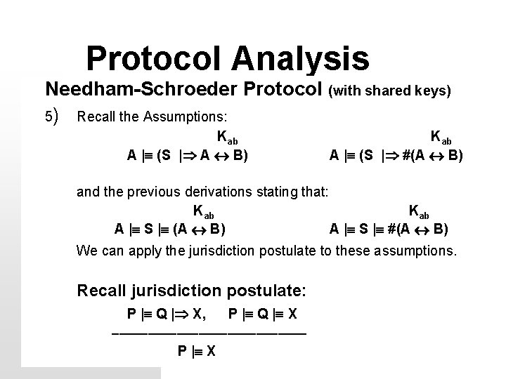 Protocol Analysis Needham-Schroeder Protocol (with shared keys) 5) Recall the Assumptions: Kab A |