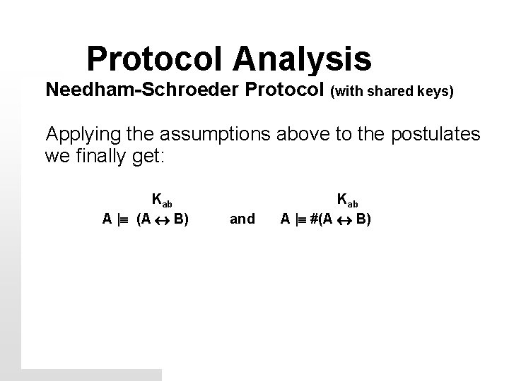 Protocol Analysis Needham-Schroeder Protocol (with shared keys) Applying the assumptions above to the postulates