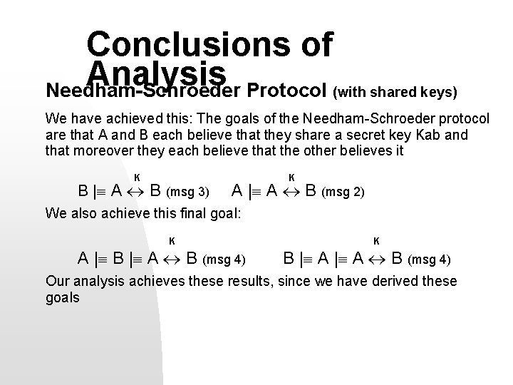 Conclusions of Analysis Needham-Schroeder Protocol (with shared keys) We have achieved this: The goals