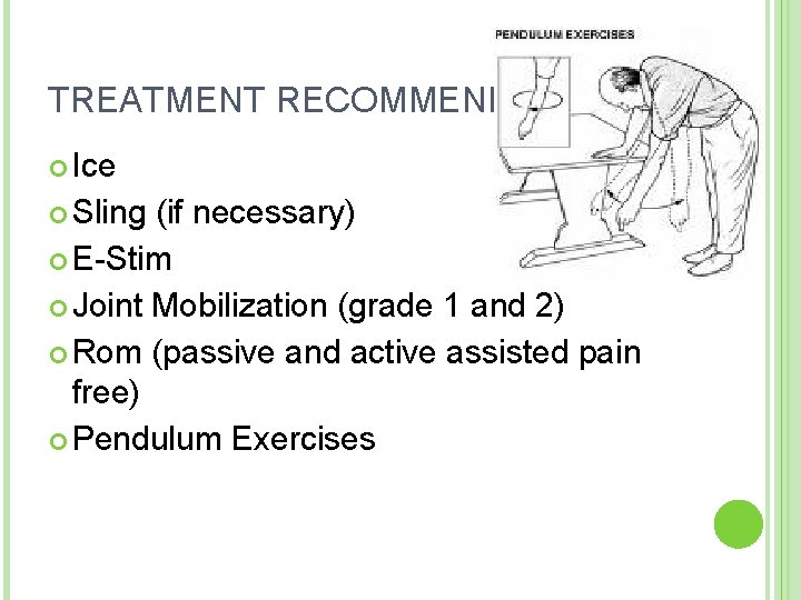 TREATMENT RECOMMENDATIONS Ice Sling (if necessary) E-Stim Joint Mobilization (grade 1 and 2) Rom