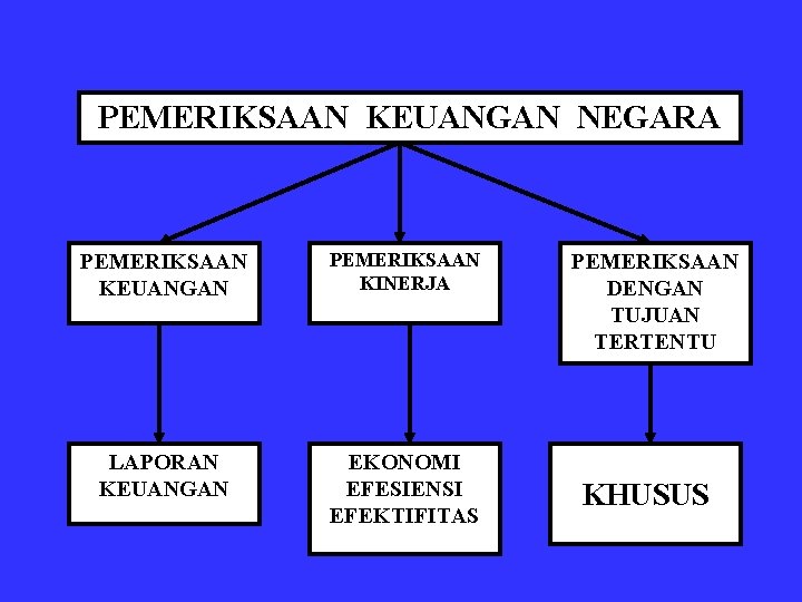 PEMERIKSAAN KEUANGAN NEGARA PEMERIKSAAN KEUANGAN PEMERIKSAAN KINERJA LAPORAN KEUANGAN EKONOMI EFESIENSI EFEKTIFITAS PEMERIKSAAN DENGAN