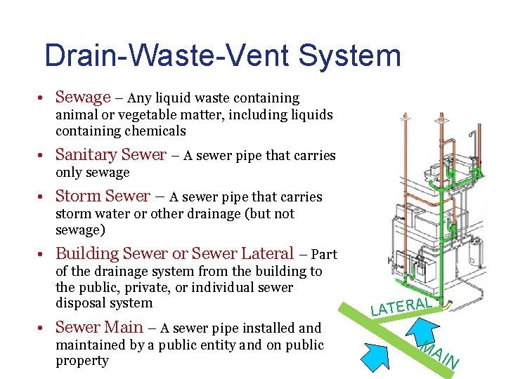 Drain-Waste-Vent System • Sewage – Any liquid waste containing animal or vegetable matter, including