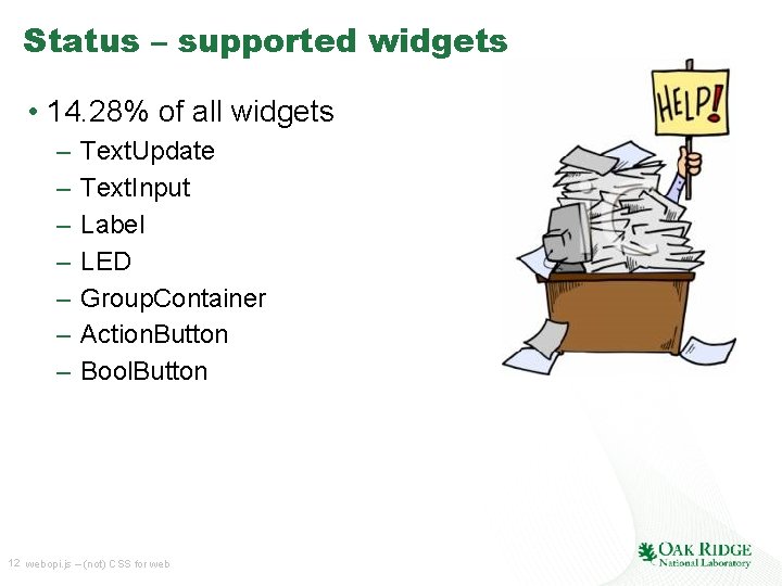 Status – supported widgets • 14. 28% of all widgets – – – –