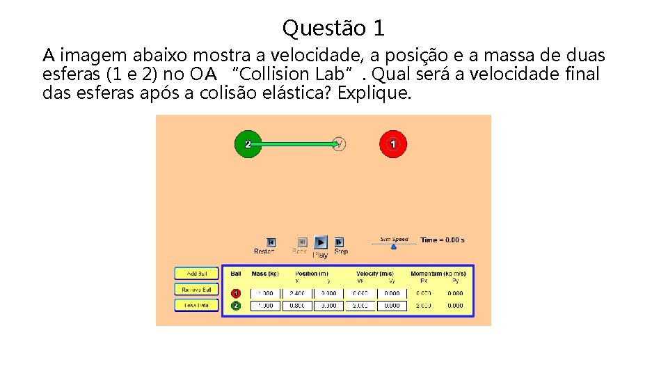 Questão 1 A imagem abaixo mostra a velocidade, a posição e a massa de