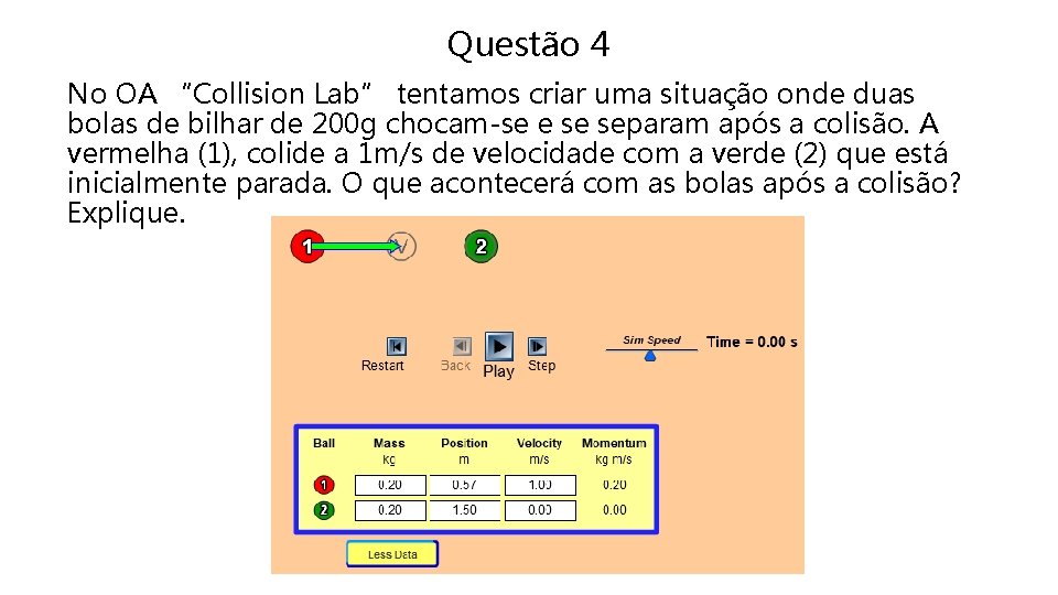 Questão 4 No OA “Collision Lab” tentamos criar uma situação onde duas bolas de