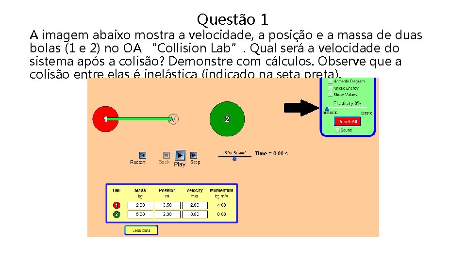 Questão 1 A imagem abaixo mostra a velocidade, a posição e a massa de