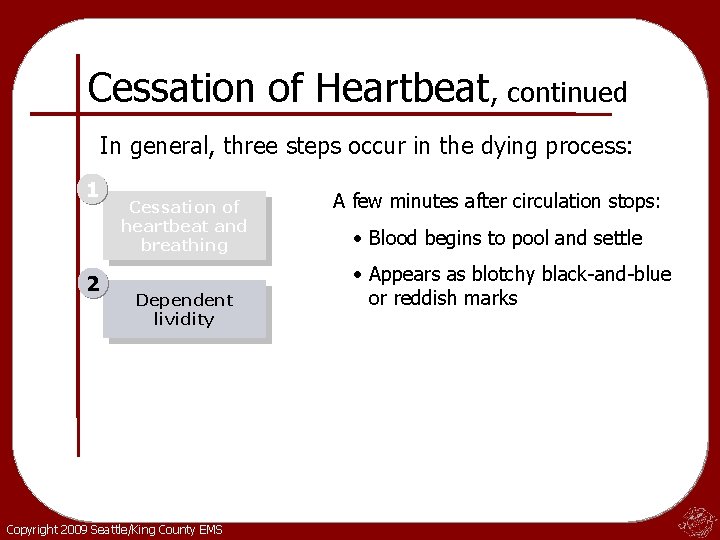 Cessation of Heartbeat, continued In general, three steps occur in the dying process: 1