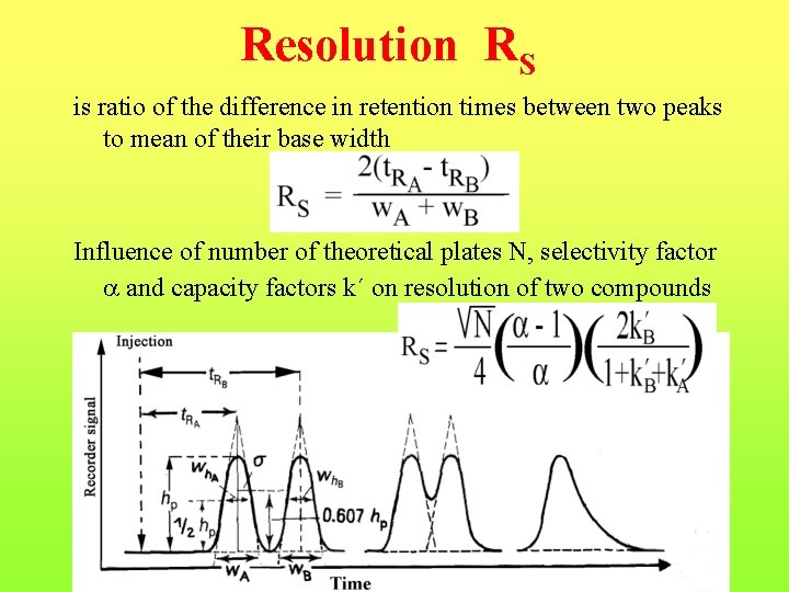 Resolution RS is ratio of the difference in retention times between two peaks to