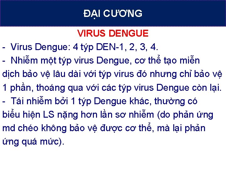 ĐẠI CƯƠNG VIRUS DENGUE - Virus Dengue: 4 týp DEN-1, 2, 3, 4. -