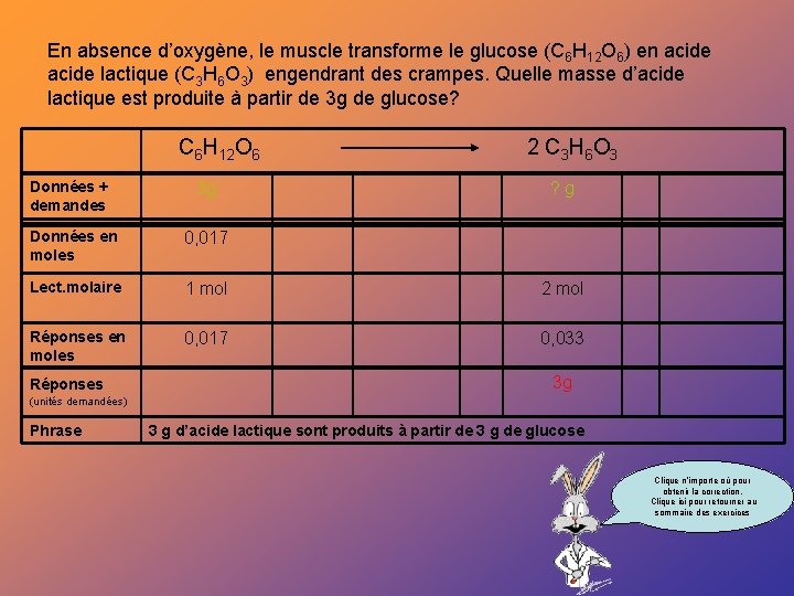En absence d’oxygène, le muscle transforme le glucose (C 6 H 12 O 6)