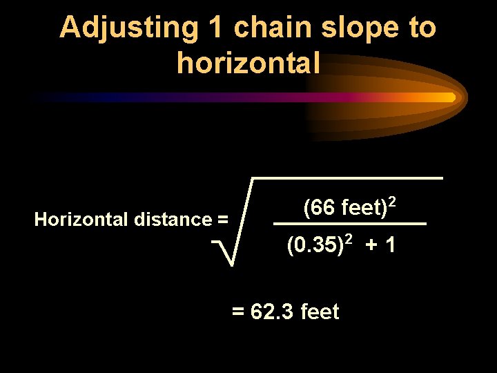 Adjusting 1 chain slope to horizontal Horizontal distance = (66 feet)2 (0. 35)2 +