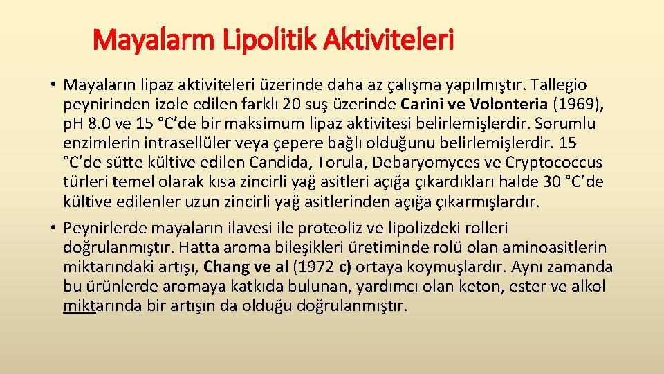  Mayalarm Lipolitik Aktiviteleri • Mayaların lipaz aktiviteleri üzerinde daha az çalışma yapılmıştır. Tallegio