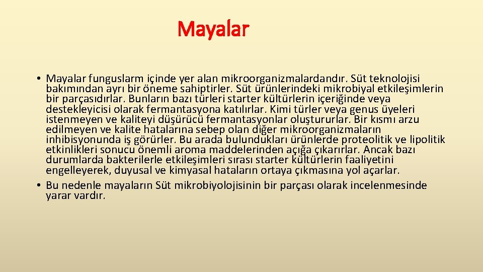  Mayalar • Mayalar funguslarm içinde yer alan mikroorganizmalardandır. Süt teknolojisi bakımından ayrı bir