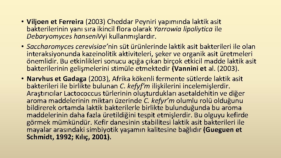  • Viljoen et Ferreira (2003) Cheddar Peyniri yapımında laktik asit bakterilerinin yanı sıra