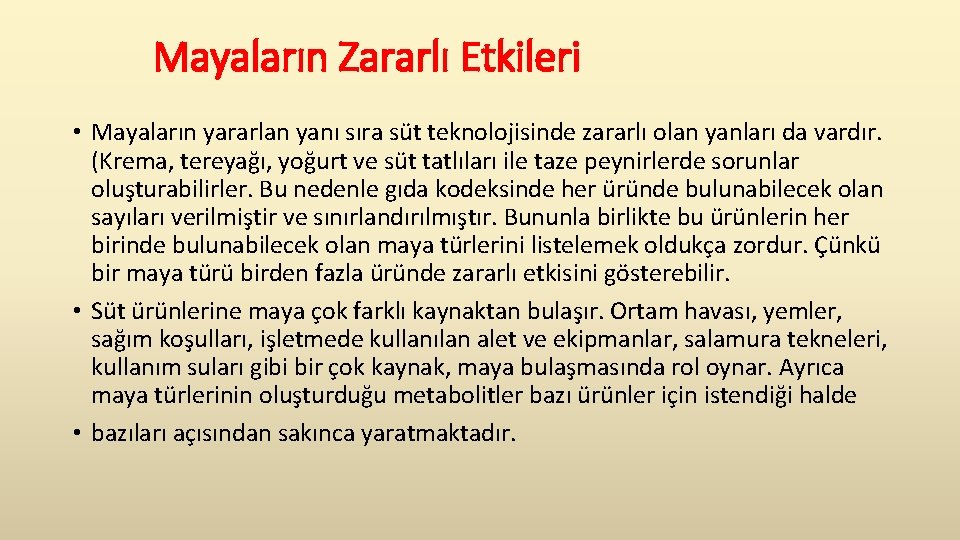  Mayaların Zararlı Etkileri • Mayaların yararlan yanı sıra süt teknolojisinde zararlı olan yanları