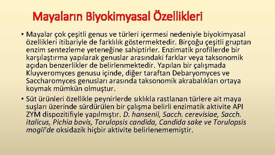  Mayaların Biyokimyasal Özellikleri • Mayalar çok çeşitli genus ve türleri içermesi nedeniyle biyokimyasal