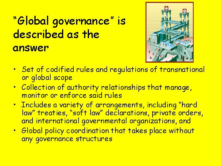 “Global governance” is described as the answer • Set of codified rules and regulations