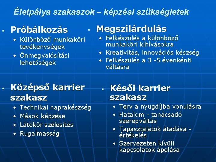 Életpálya szakaszok – képzési szükségletek § Próbálkozás § • Különböző munkaköri tevékenységek • Önmegvalósítási