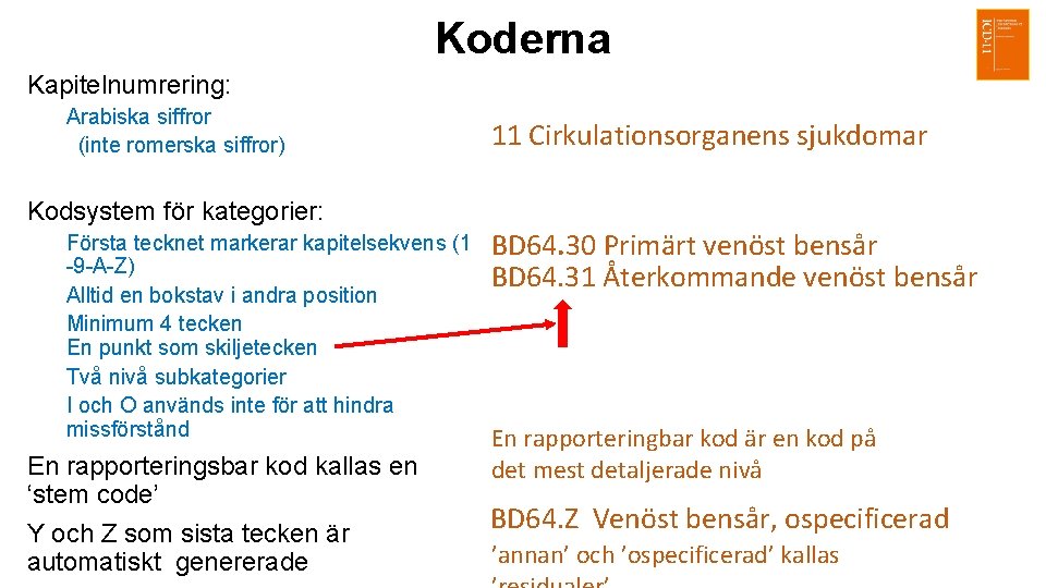 Koderna Kapitelnumrering: Arabiska siffror (inte romerska siffror) 11 Cirkulationsorganens sjukdomar Kodsystem för kategorier: Första