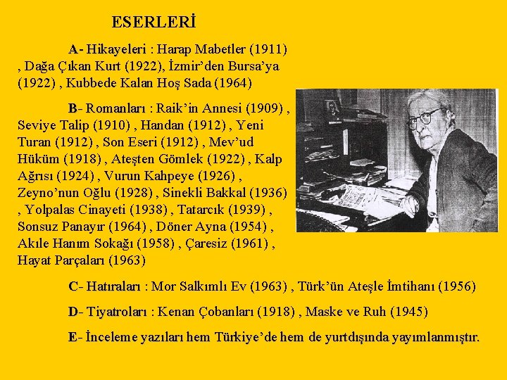 ESERLERİ A- Hikayeleri : Harap Mabetler (1911) , Dağa Çıkan Kurt (1922), İzmir’den Bursa’ya