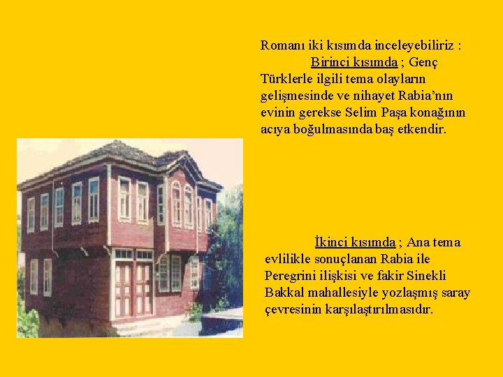 Romanı iki kısımda inceleyebiliriz : Birinci kısımda ; Genç Türklerle ilgili tema olayların gelişmesinde