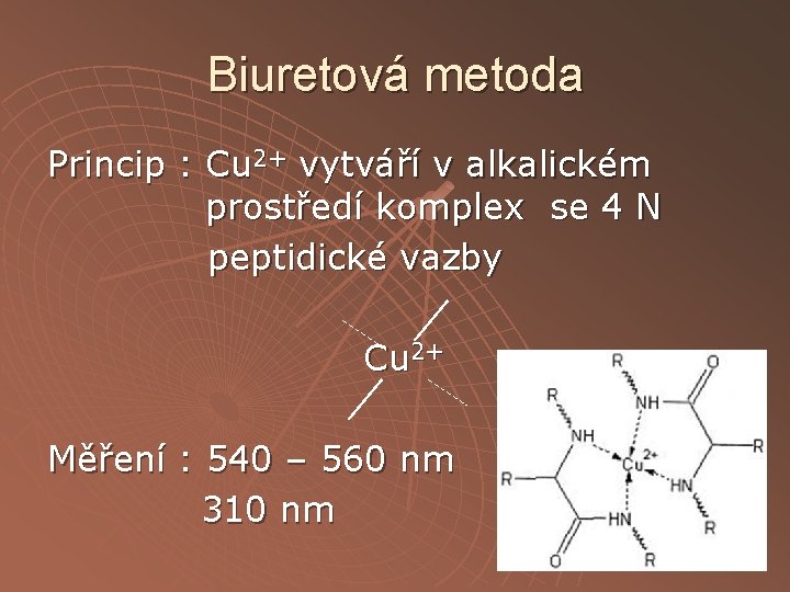 Biuretová metoda Princip : Cu 2+ vytváří v alkalickém prostředí komplex se 4 N