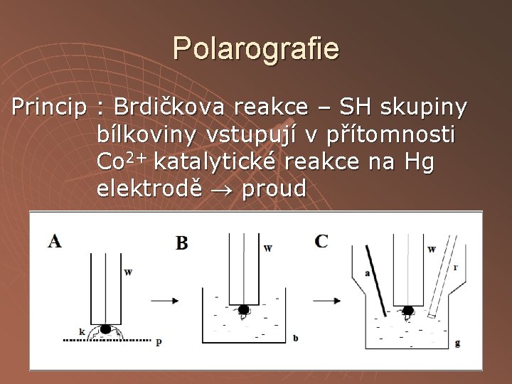 Polarografie Princip : Brdičkova reakce – SH skupiny bílkoviny vstupují v přítomnosti Co 2+