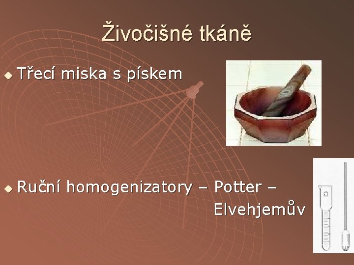 Živočišné tkáně u u Třecí miska s pískem Ruční homogenizatory – Potter – Elvehjemův