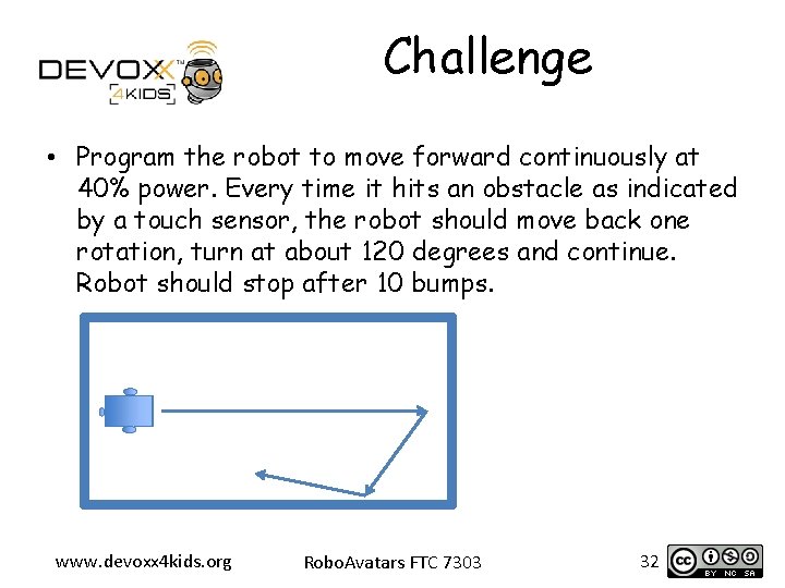 Challenge • Program the robot to move forward continuously at 40% power. Every time