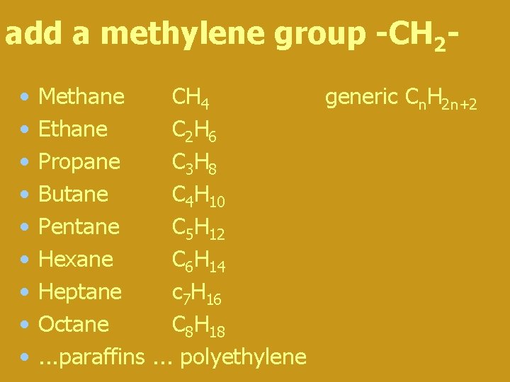 add a methylene group -CH 2 • • • Methane CH 4 generic Cn. add a methylene group -CH 2 • • • Methane CH 4 generic Cn.