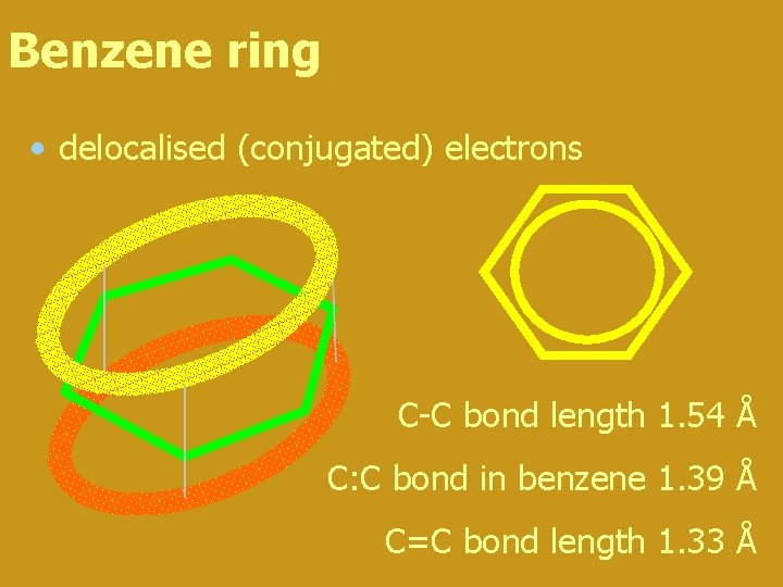 Benzene ring • delocalised (conjugated) electrons C-C bond length 1. 54 Å C: C