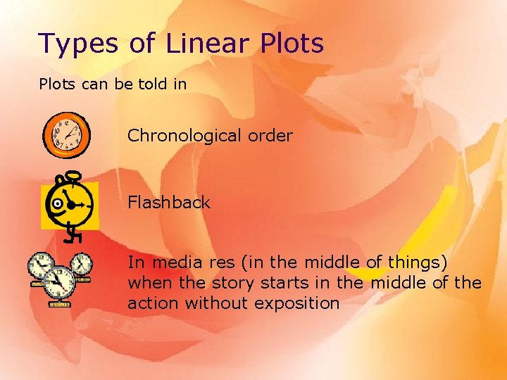 Types of Linear Plots can be told in Chronological order Flashback In media res