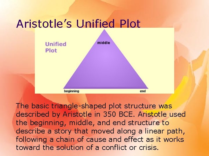 Aristotle’s Unified Plot The basic triangle-shaped plot structure was described by Aristotle in 350