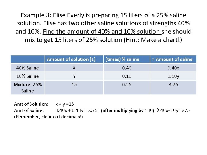 Example 3: Elise Everly is preparing 15 liters of a 25% saline solution. Elise Example 3: Elise Everly is preparing 15 liters of a 25% saline solution. Elise