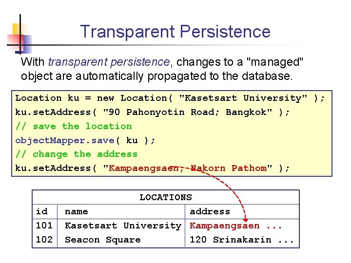 Transparent Persistence With transparent persistence, changes to a "managed" object are automatically propagated to
