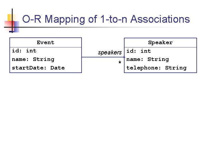 O-R Mapping of 1 -to-n Associations Event id: int name: String start. Date: Date O-R Mapping of 1 -to-n Associations Event id: int name: String start. Date: Date