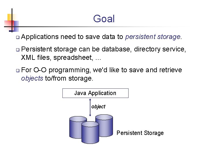 Goal q q q Applications need to save data to persistent storage. Persistent storage