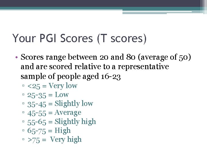 Your PGI Scores (T scores) • Scores range between 20 and 80 (average of