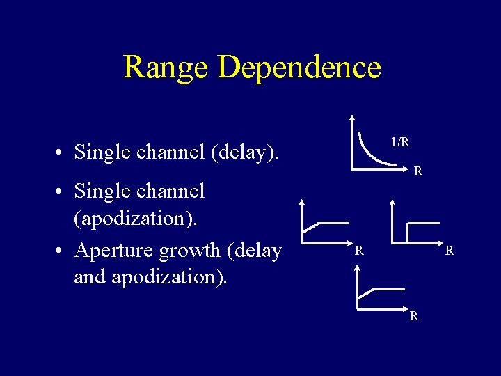 Range Dependence 1/R • Single channel (delay). • Single channel (apodization). • Aperture growth