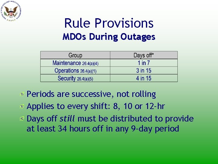 Rule Provisions MDOs During Outages Periods are successive, not rolling Applies to every shift: