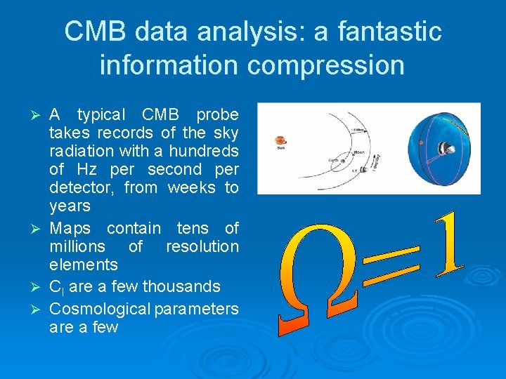 CMB data analysis: a fantastic information compression Ø Ø A typical CMB probe takes