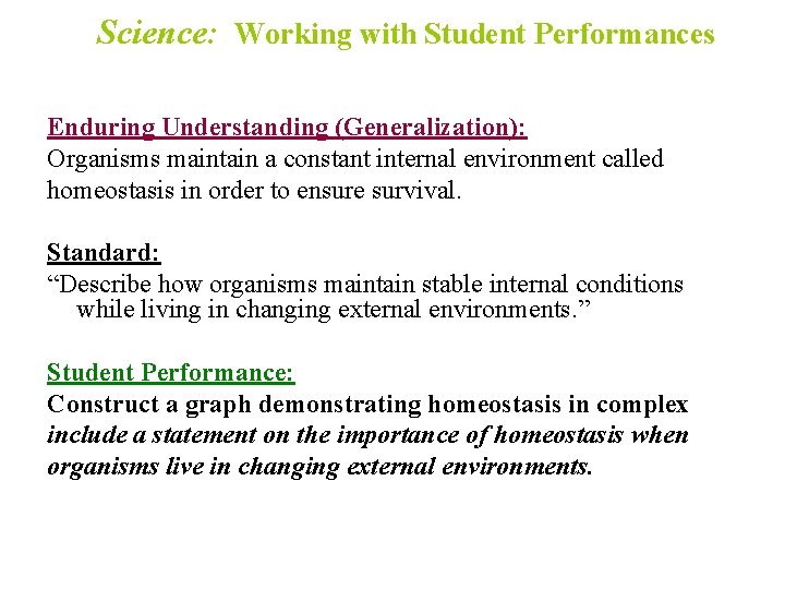 Science: Working with Student Performances Enduring Understanding (Generalization): Organisms maintain a constant internal environment