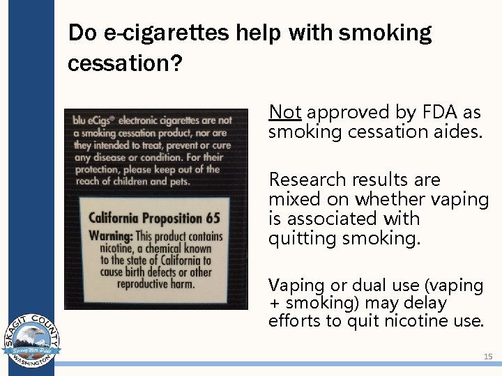 Do e-cigarettes help with smoking cessation? Not approved by FDA as smoking cessation aides.