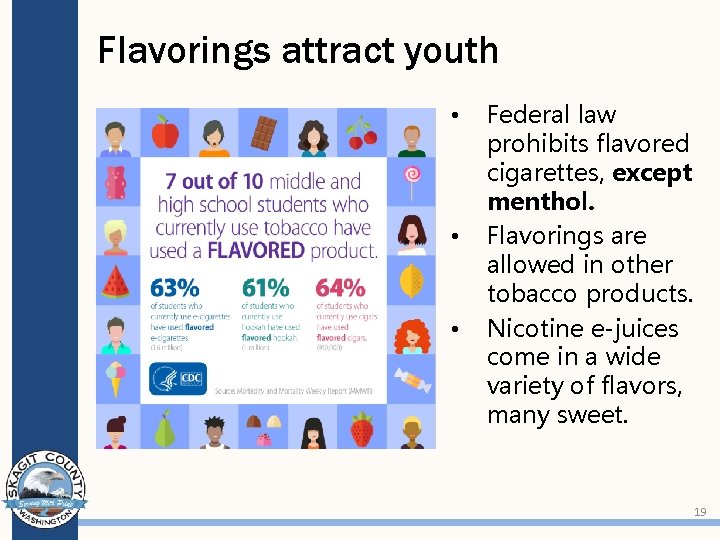 Flavorings attract youth • • • Federal law prohibits flavored cigarettes, except menthol. Flavorings