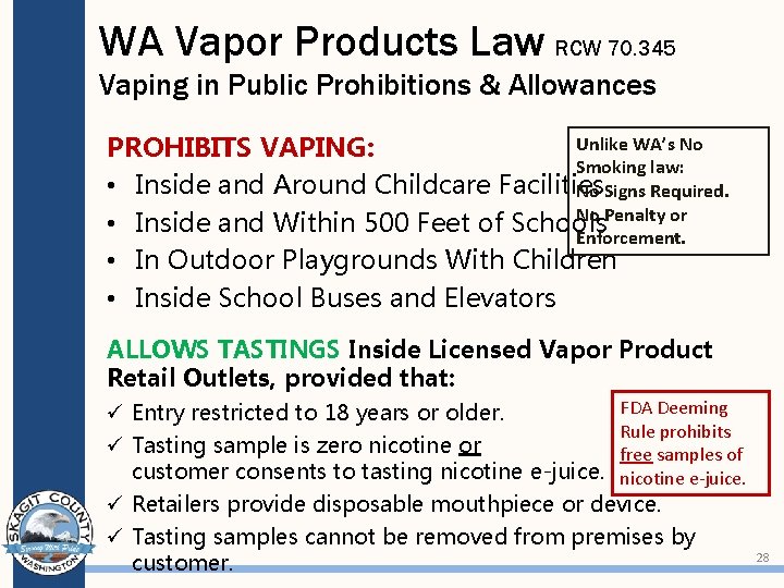 WA Vapor Products Law RCW 70. 345 Vaping in Public Prohibitions & Allowances Unlike